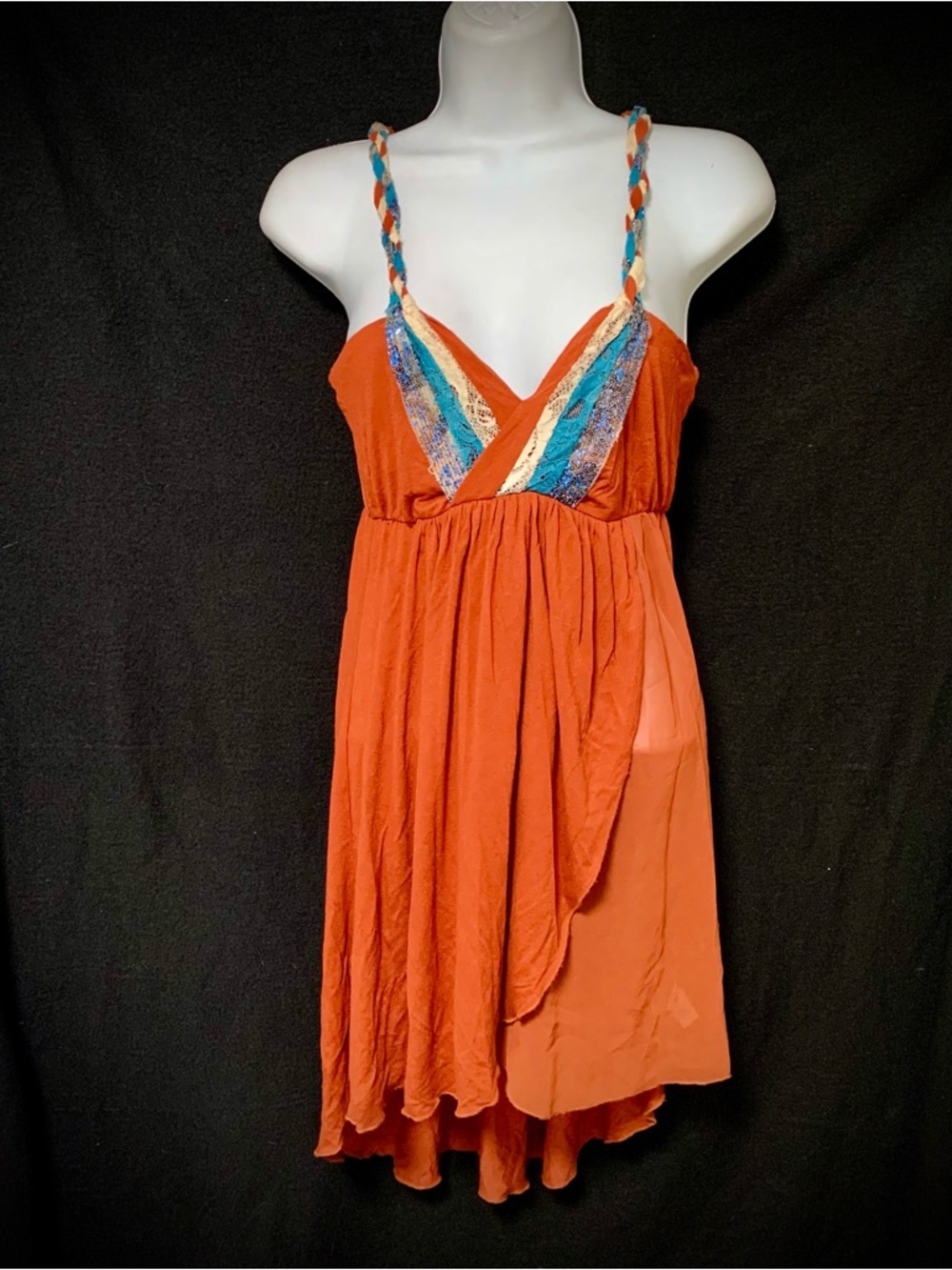 BKE Gimmicks Women’s Babydoll Dress Size S Orange Braided Strap Boho Mini